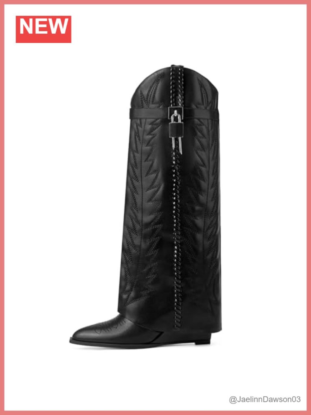 Faux Leather & Denim Fold Over Knee High Western Embroidered Wedge Heel Boots